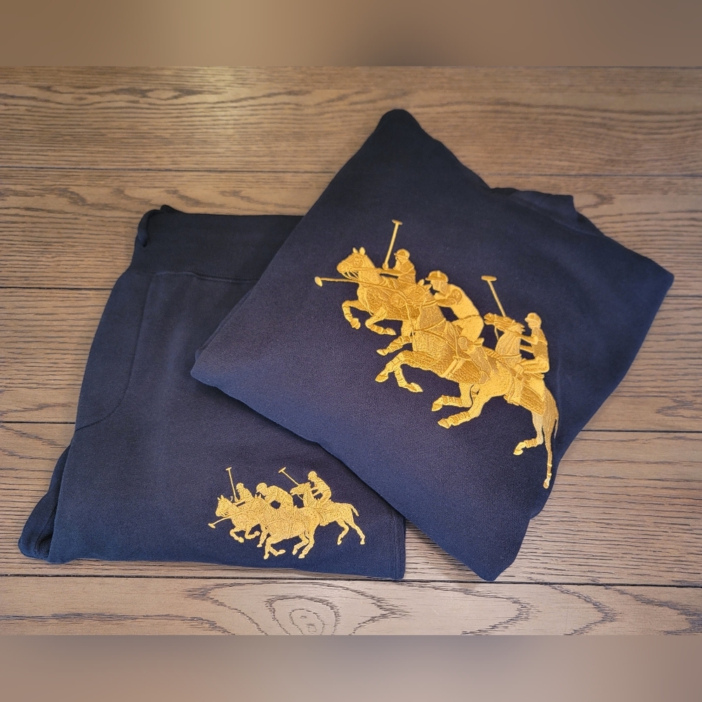 Polo Ralph Lauren Triple-Pony Fleece Hoodie Jogger Set With Gold Embroidery